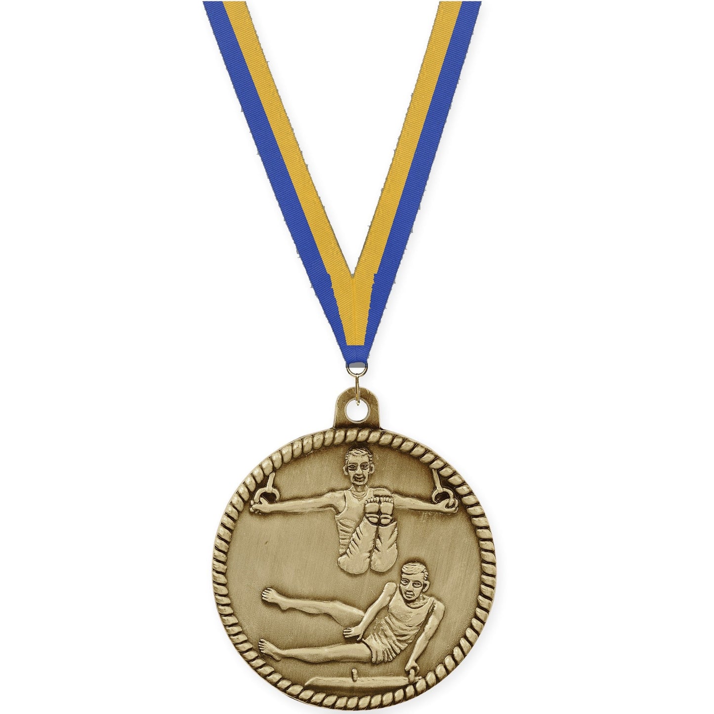 2 inch gymnastics High Relief medal in antique gold with Blue Gold neck ribbon