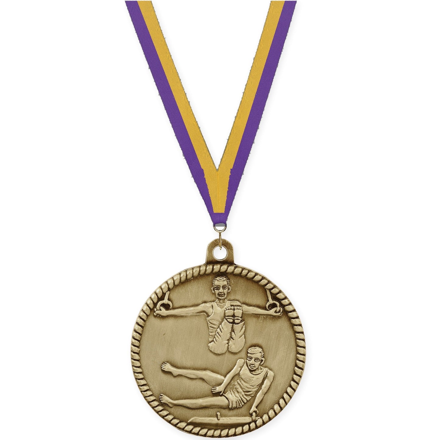 2 inch gymnastics High Relief medal in antique gold with Purple Gold neck ribbon