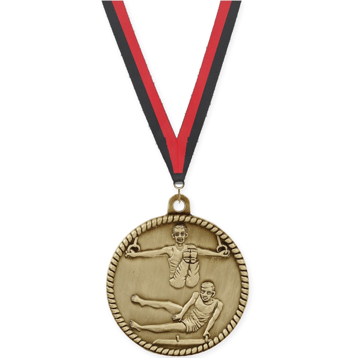 2 inch gymnastics High Relief medal in antique gold with Black Red neck ribbon