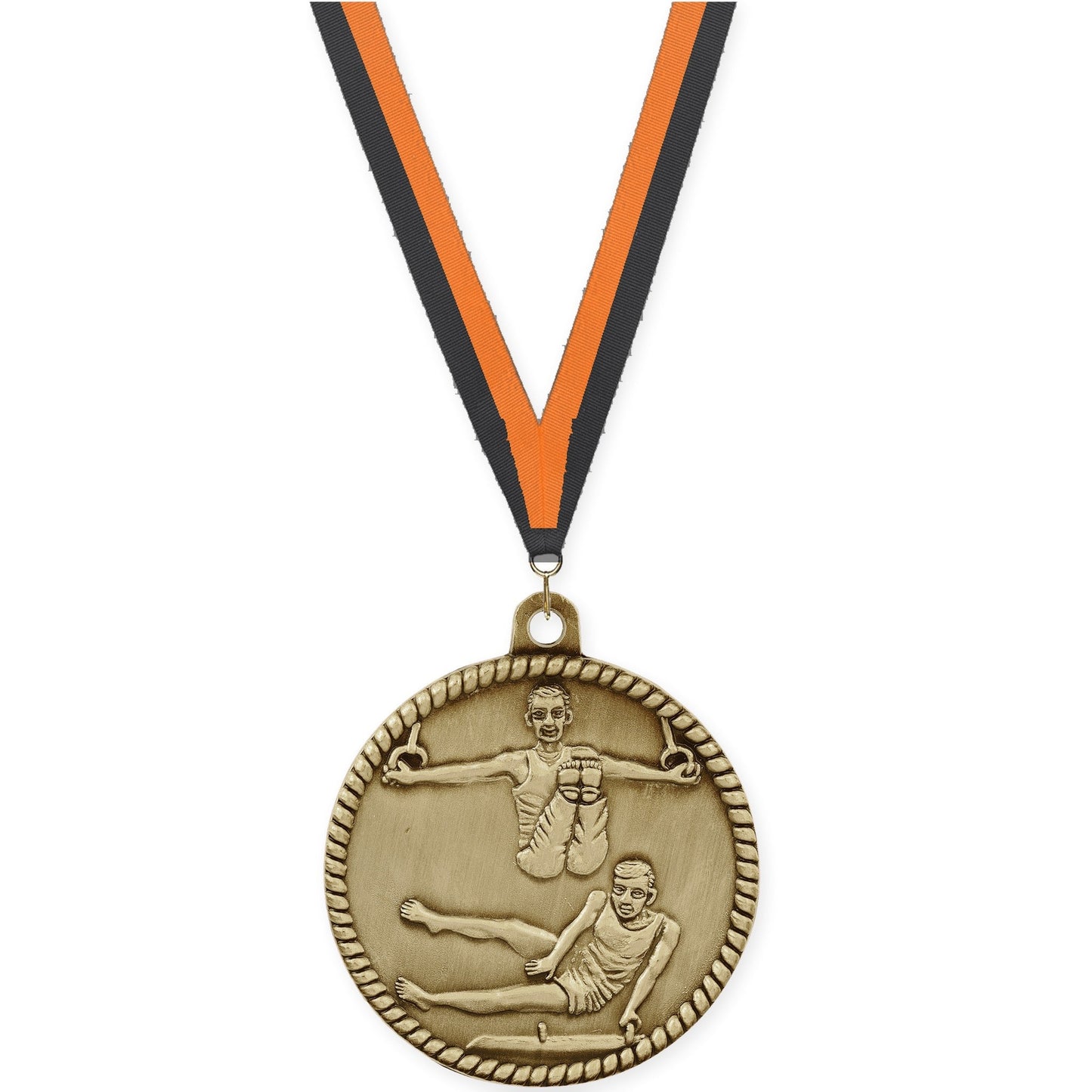 2 inch gymnastics High Relief medal in antique gold with Black Orange neck ribbon