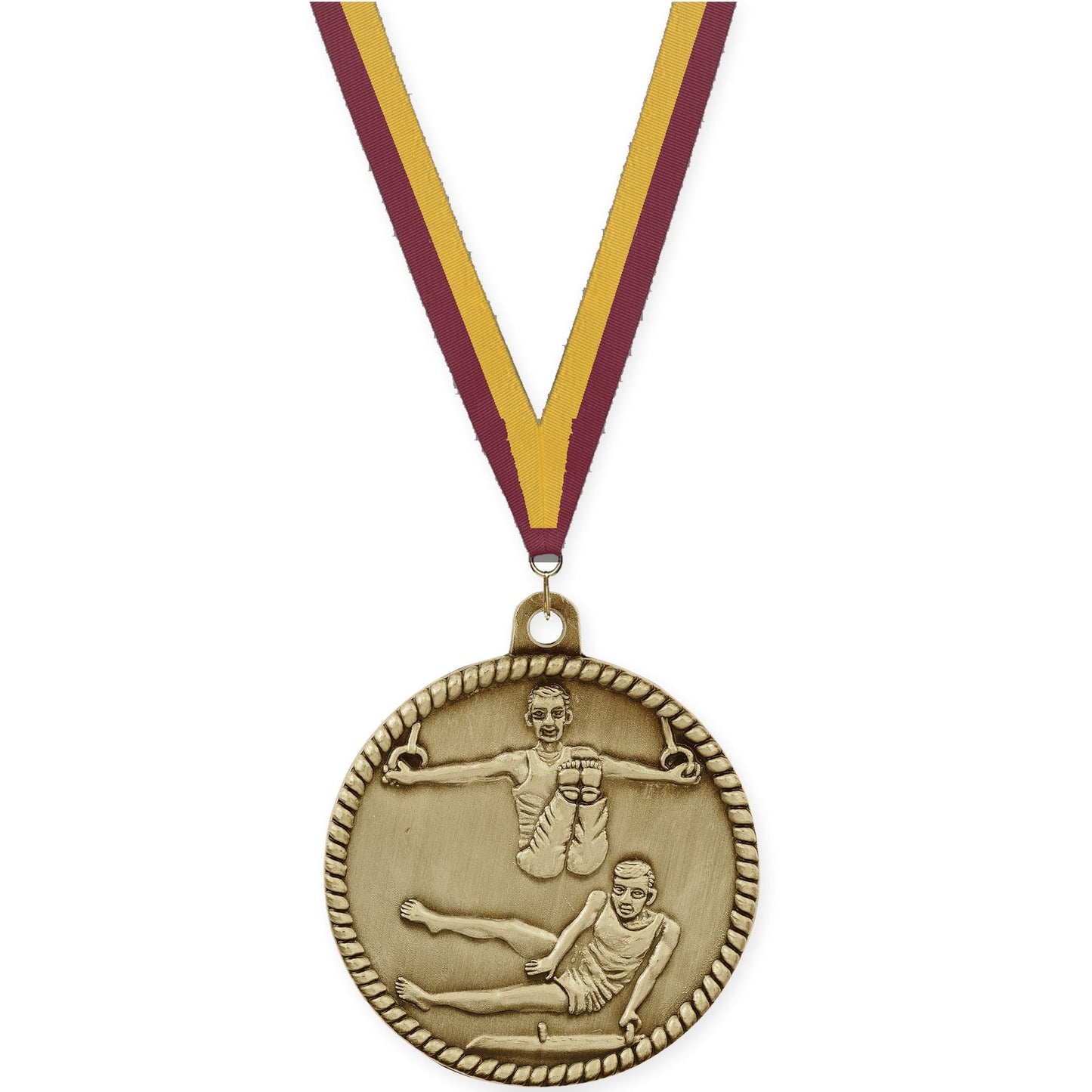 2 inch gymnastics High Relief medal in antique gold with Maroon Gold neck ribbon
