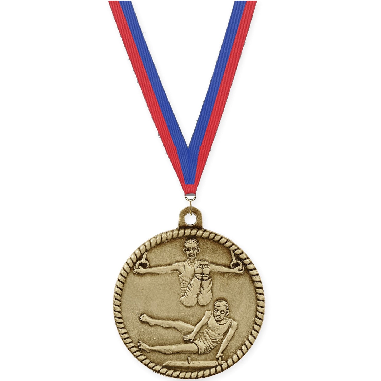 2 inch gymnastics High Relief medal in antique gold with Blue Red neck ribbon