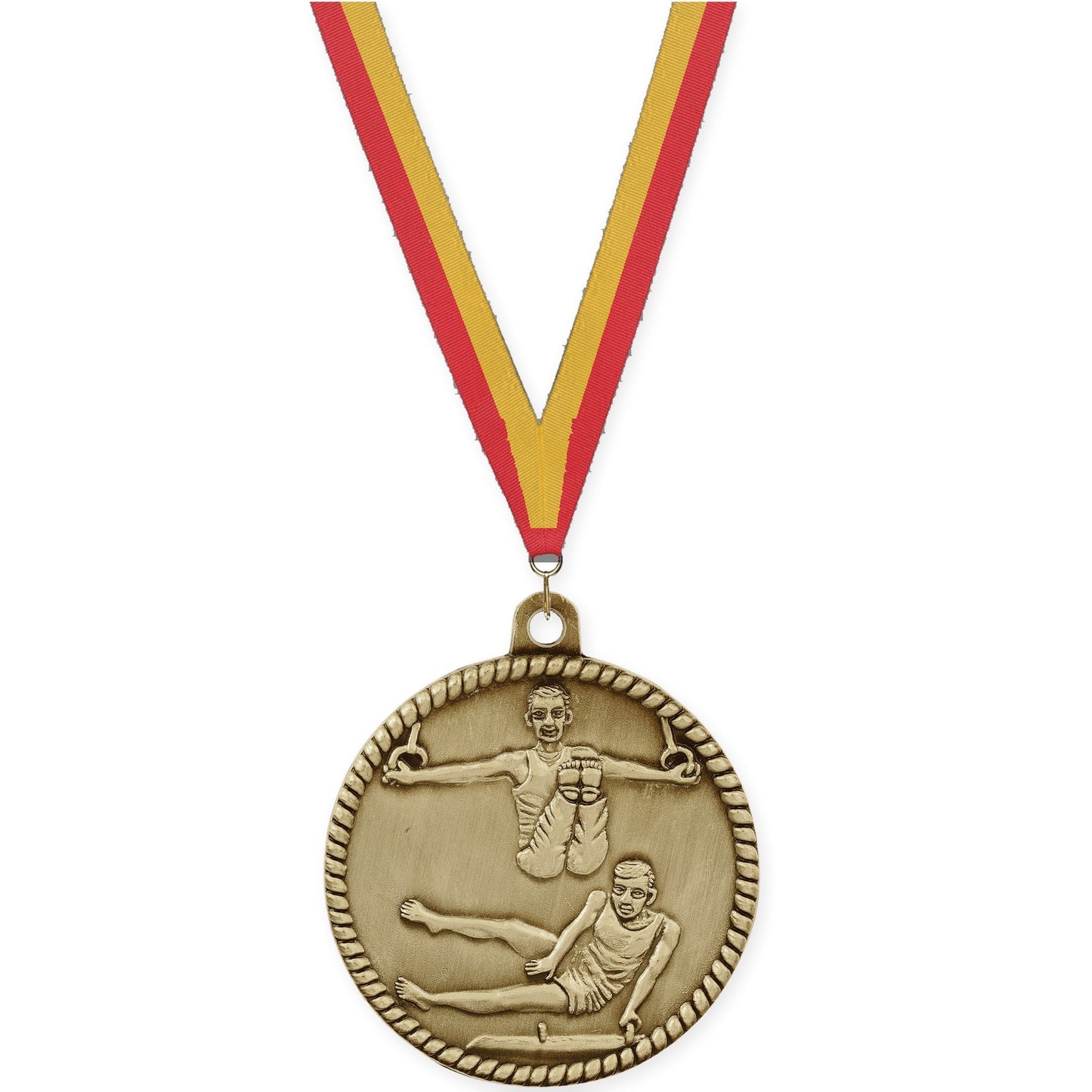 2 inch gymnastics High Relief medal in antique gold with Red Gold neck ribbon