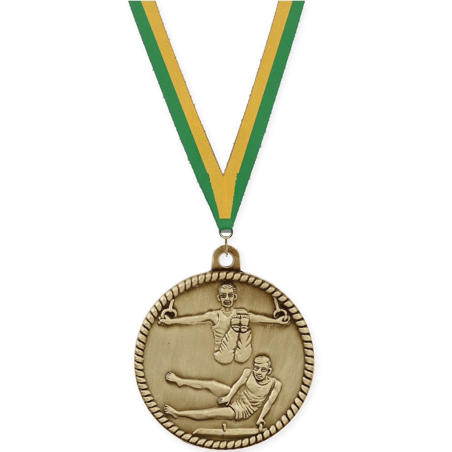 2 inch gymnastics High Relief medal in antique gold with Green Gold neck ribbon