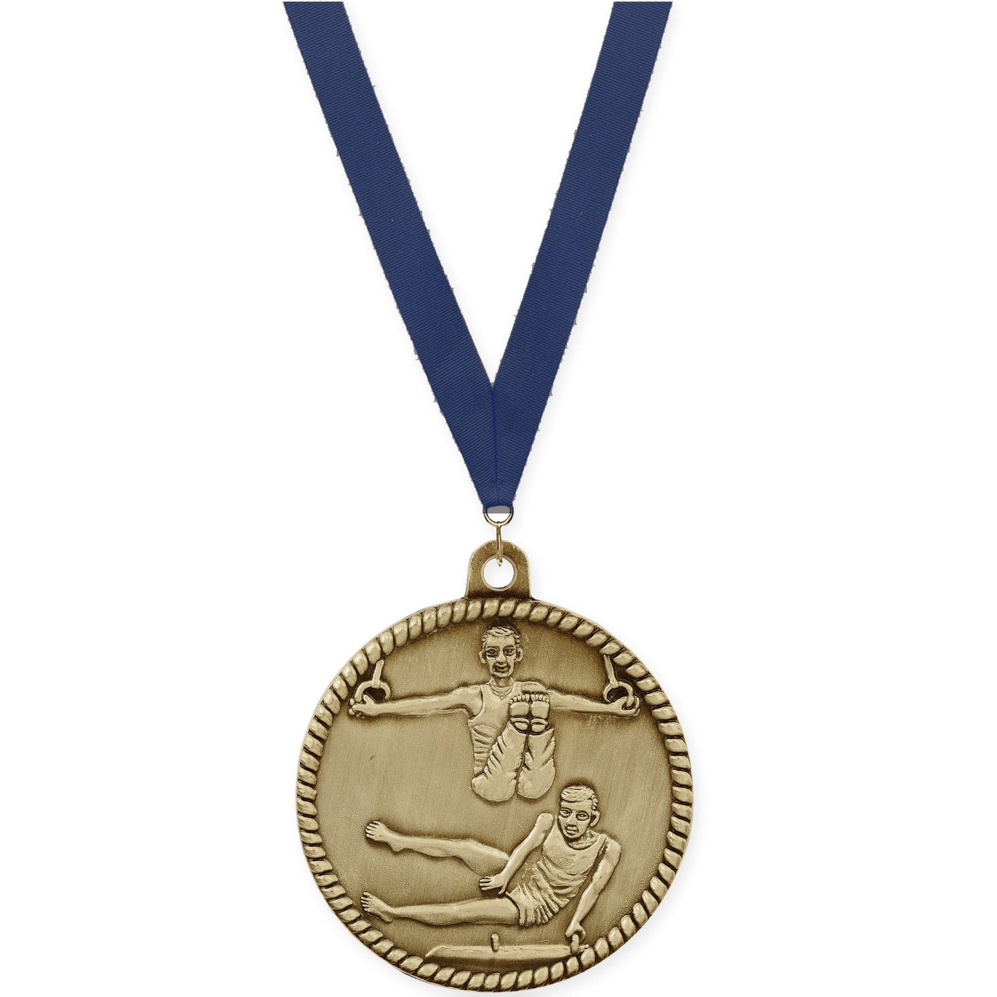 2 inch gymnastics High Relief medal in antique gold with Navy neck ribbon
