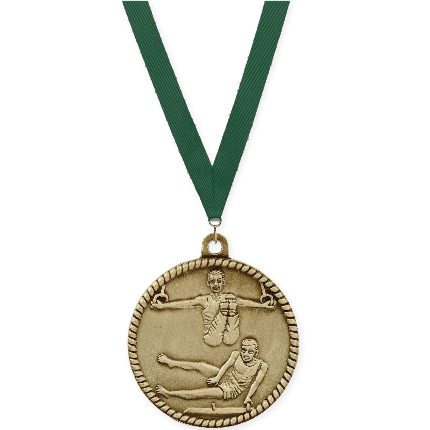 2 inch gymnastics High Relief medal in antique gold with Hunter Green neck ribbon