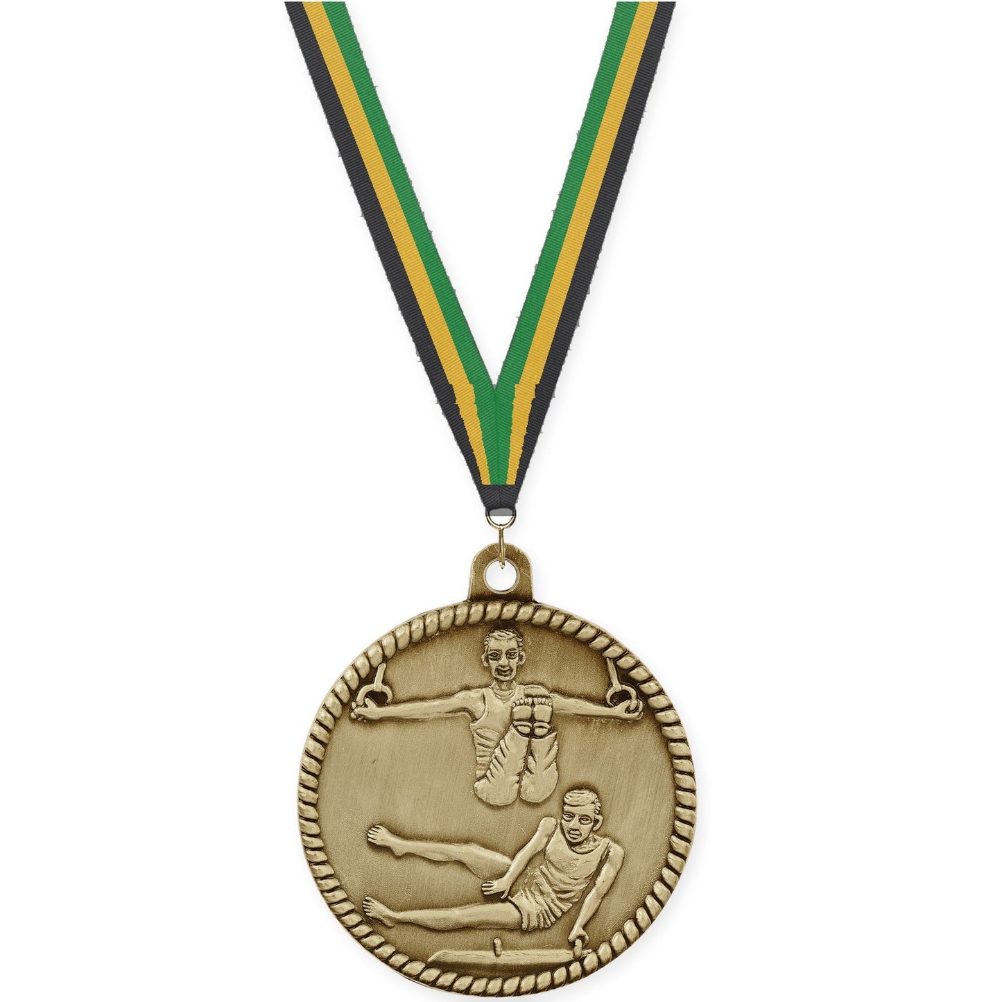 2 inch gymnastics High Relief medal in antique gold with Black Gold Green neck ribbon