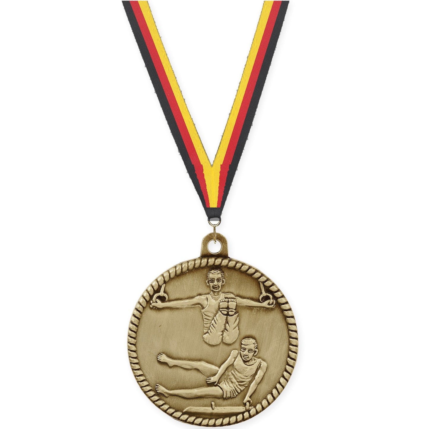 2 inch gymnastics High Relief medal in antique gold with Black Red Yellow neck ribbon