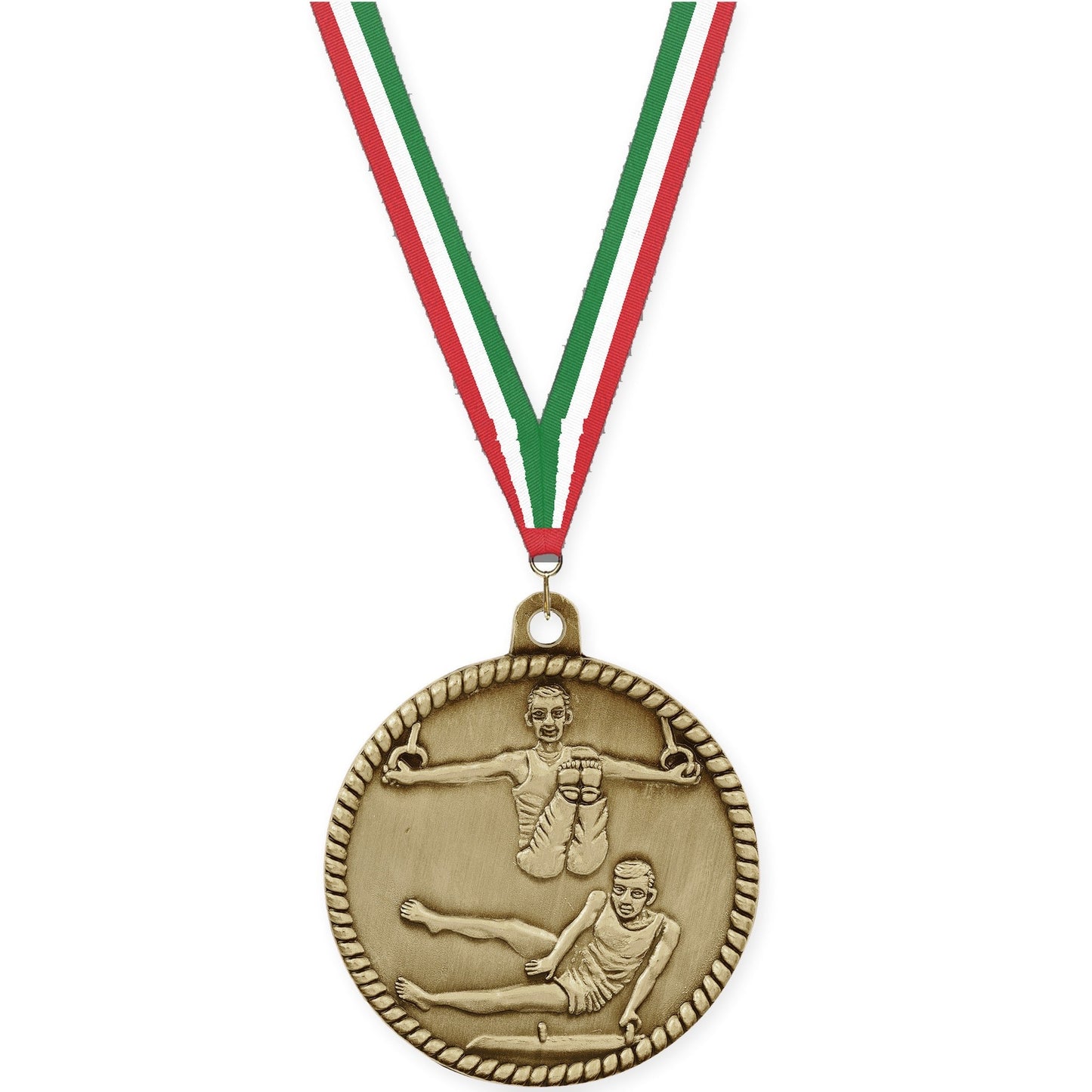 2 inch gymnastics High Relief medal in antique gold with Red White Green neck ribbon