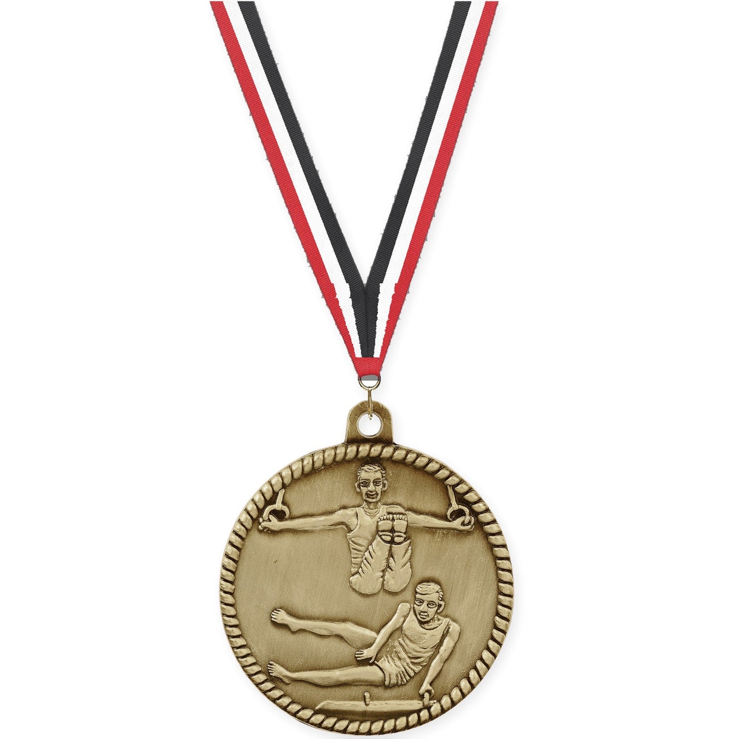 2 inch gymnastics High Relief medal in antique gold with Red White Black neck ribbon