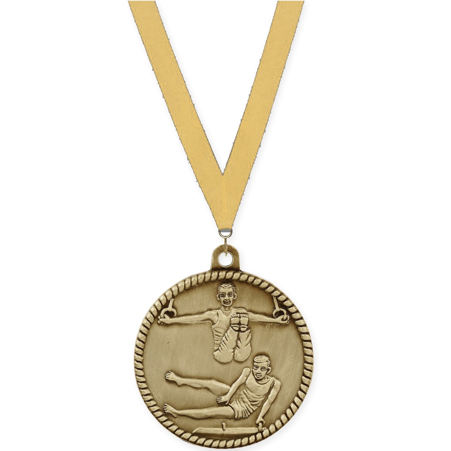 2 inch gymnastics High Relief medal in antique gold with Gold Metallic neck ribbon