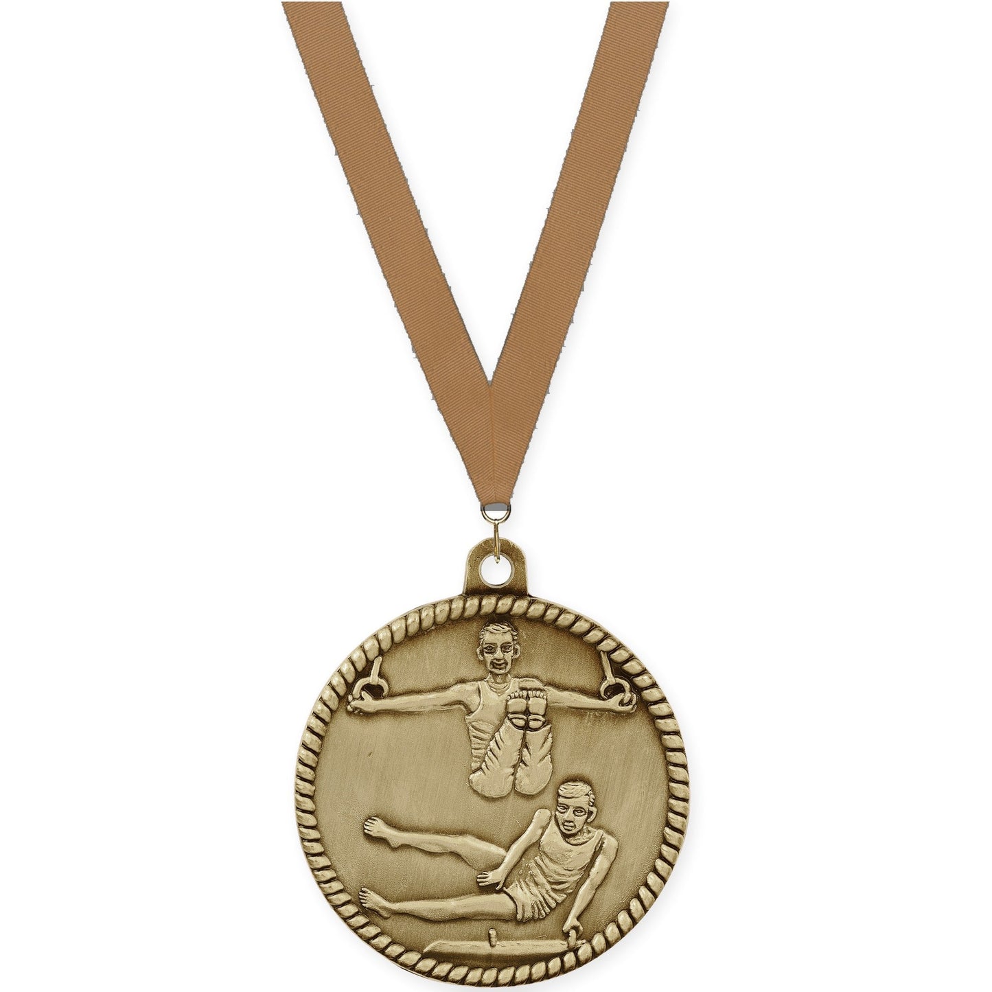 2 inch gymnastics High Relief medal in antique gold with Bronze Metallic neck ribbon