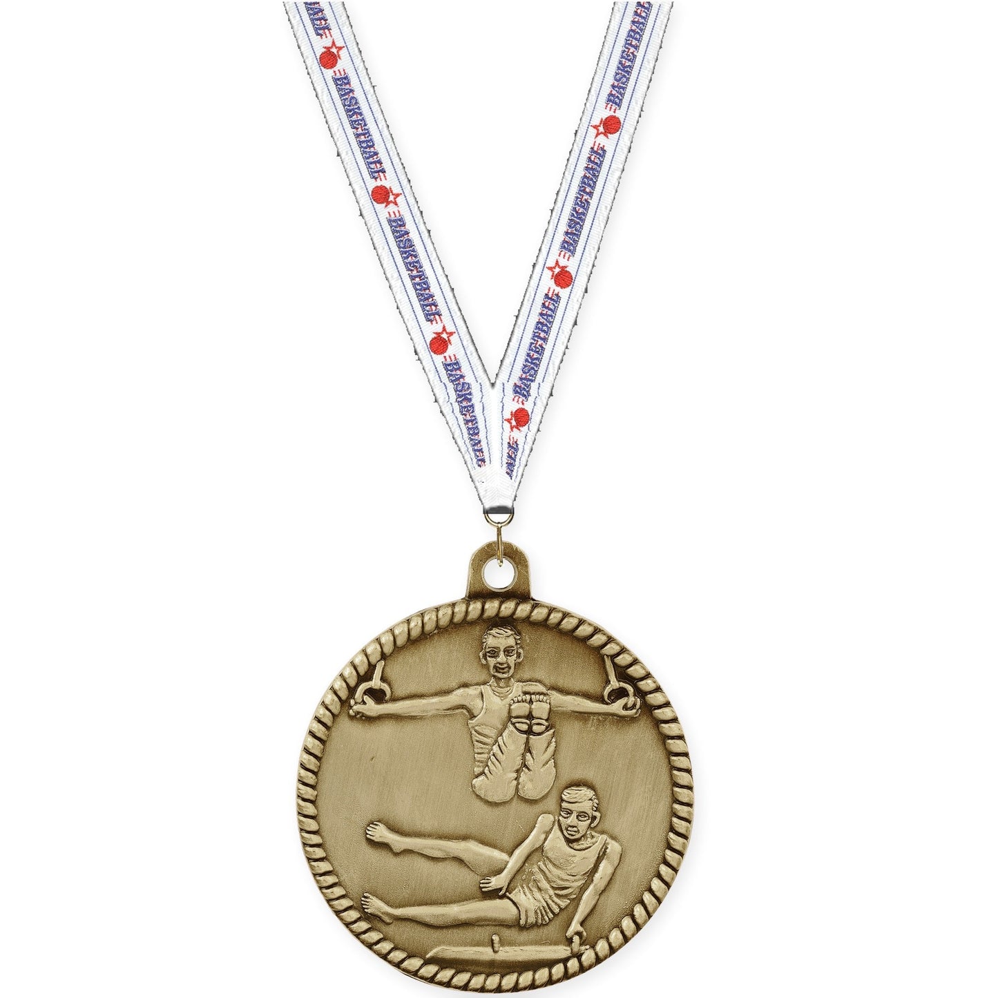 2 inch gymnastics High Relief medal in antique gold with Basketball neck ribbon