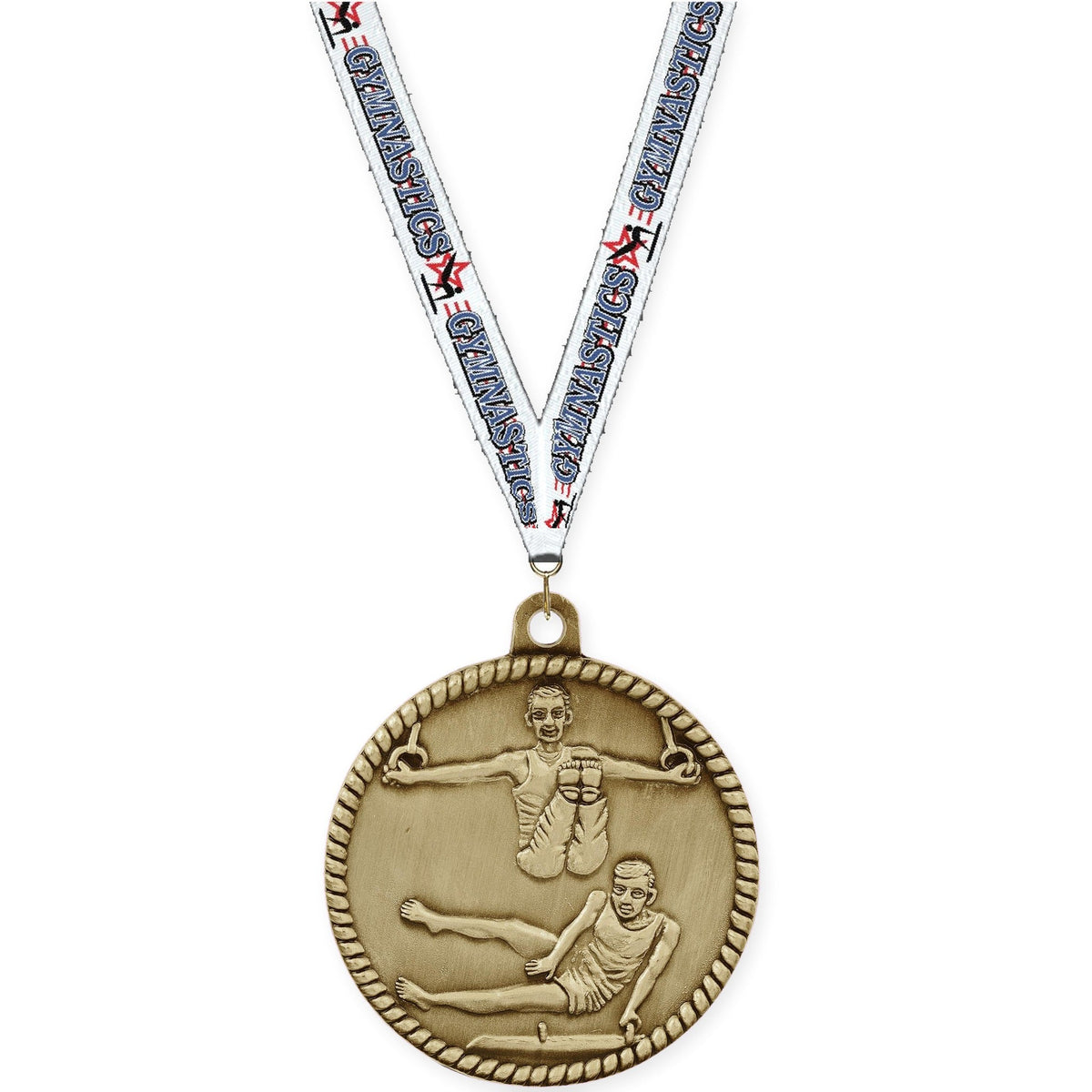 2 inch gymnastics High Relief medal in antique gold with Gymnastics neck ribbon