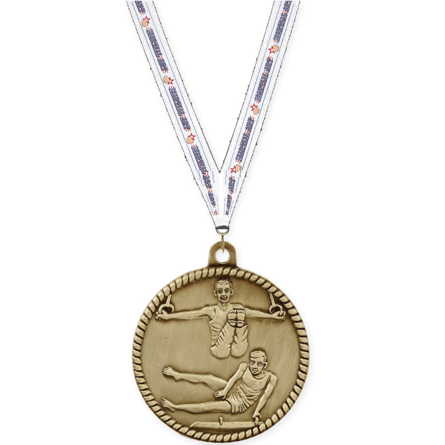 2 inch gymnastics High Relief medal in antique gold with Martial Arts neck ribbon