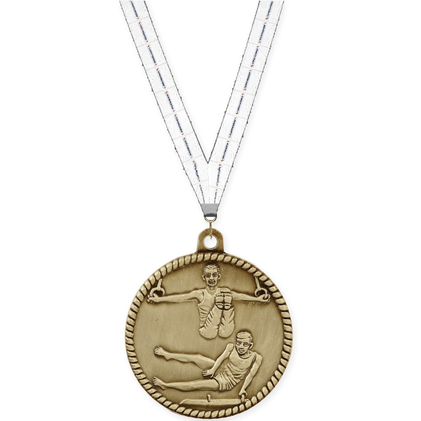 2 inch gymnastics High Relief medal in antique gold with Lamp Of Knowledge neck ribbon