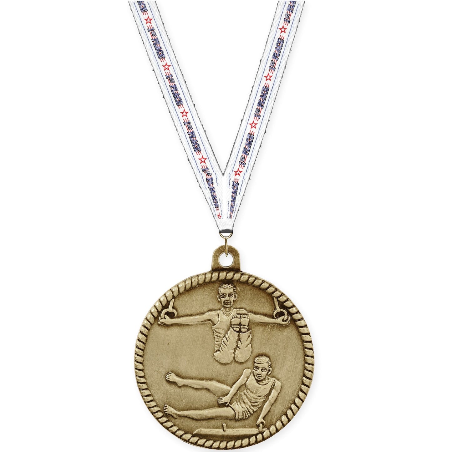2 inch gymnastics High Relief medal in antique gold with 1st Place neck ribbon