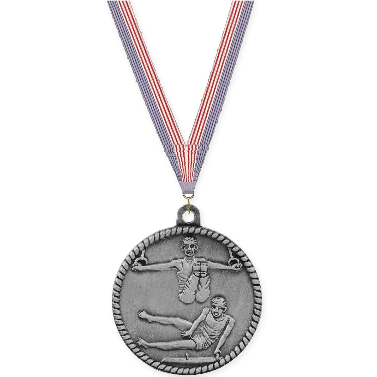 2 inch gymnastics High Relief medal in antique silver with USA Flag neck ribbon