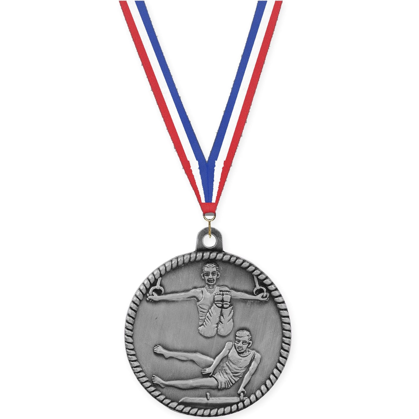 2 inch gymnastics High Relief medal in antique silver with Red White Blue neck ribbon