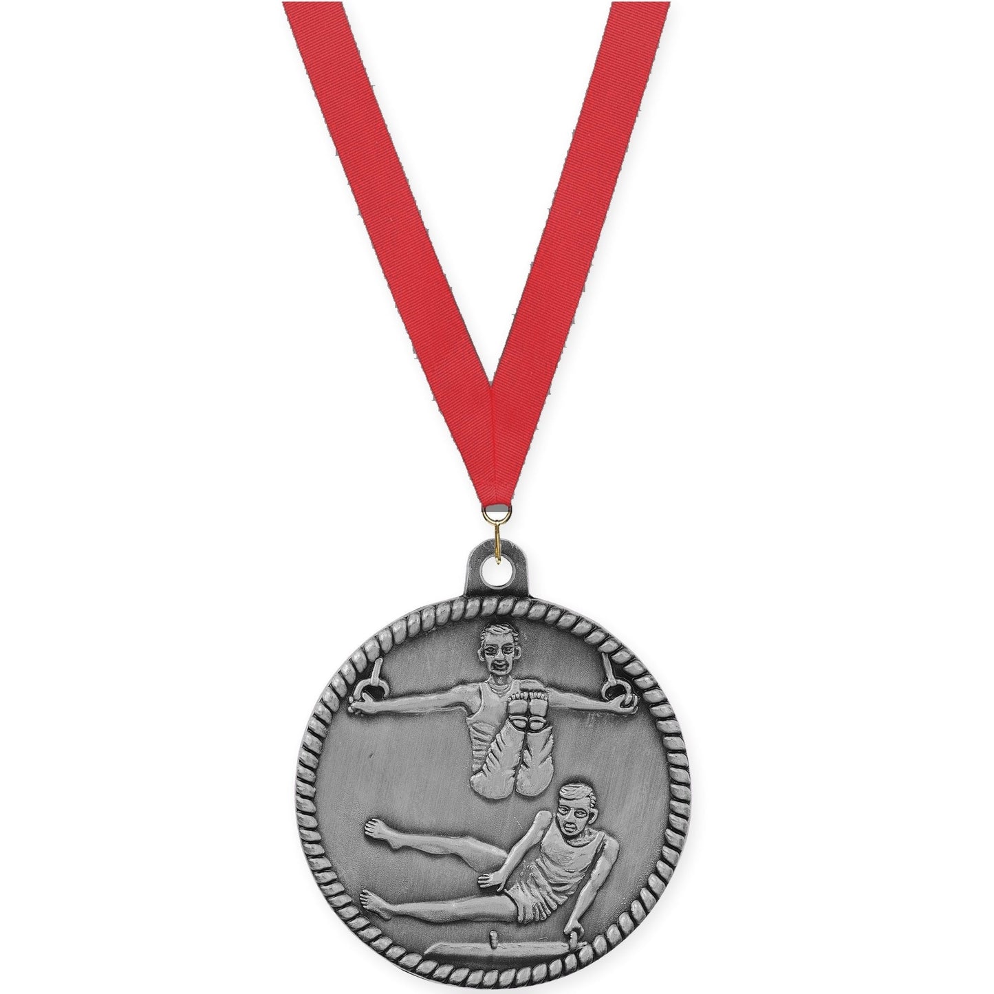 2 inch gymnastics High Relief medal in antique silver with Red neck ribbon