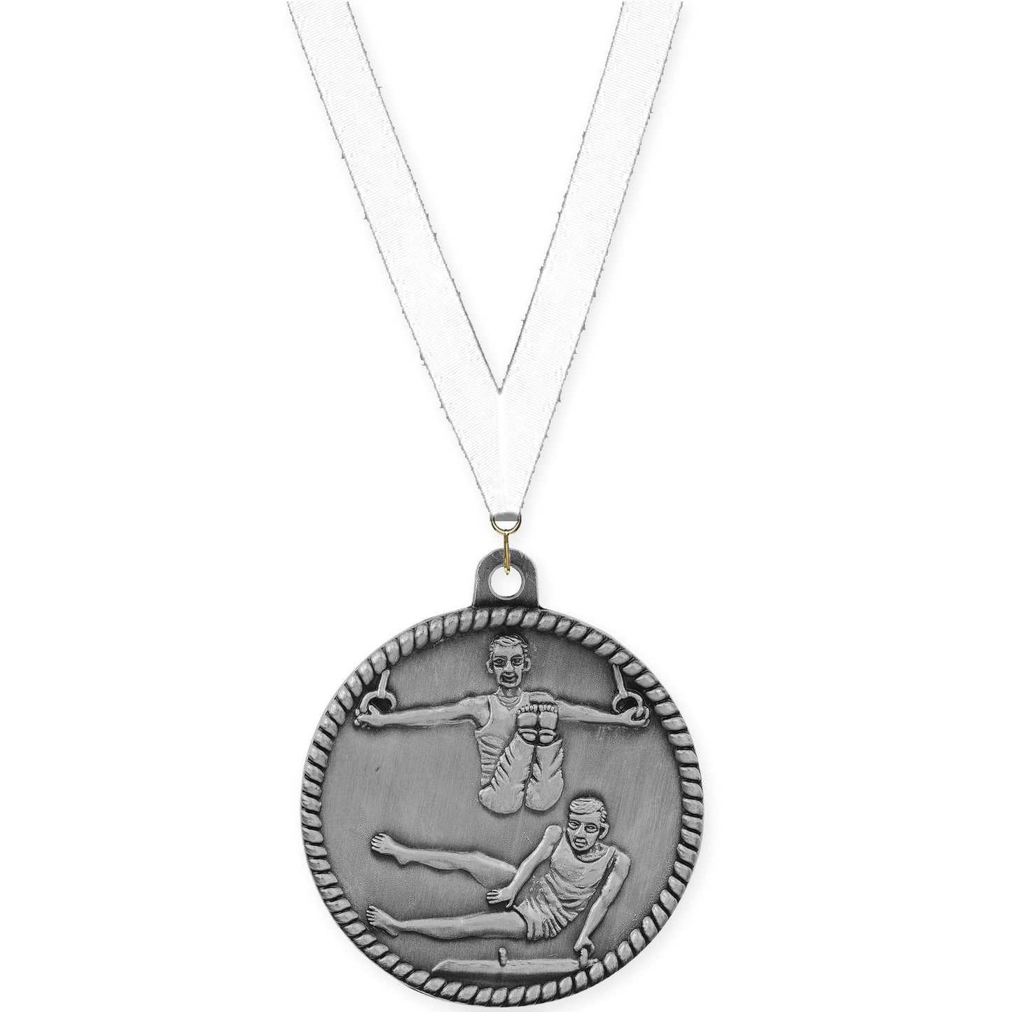 2 inch gymnastics High Relief medal in antique silver with White neck ribbon