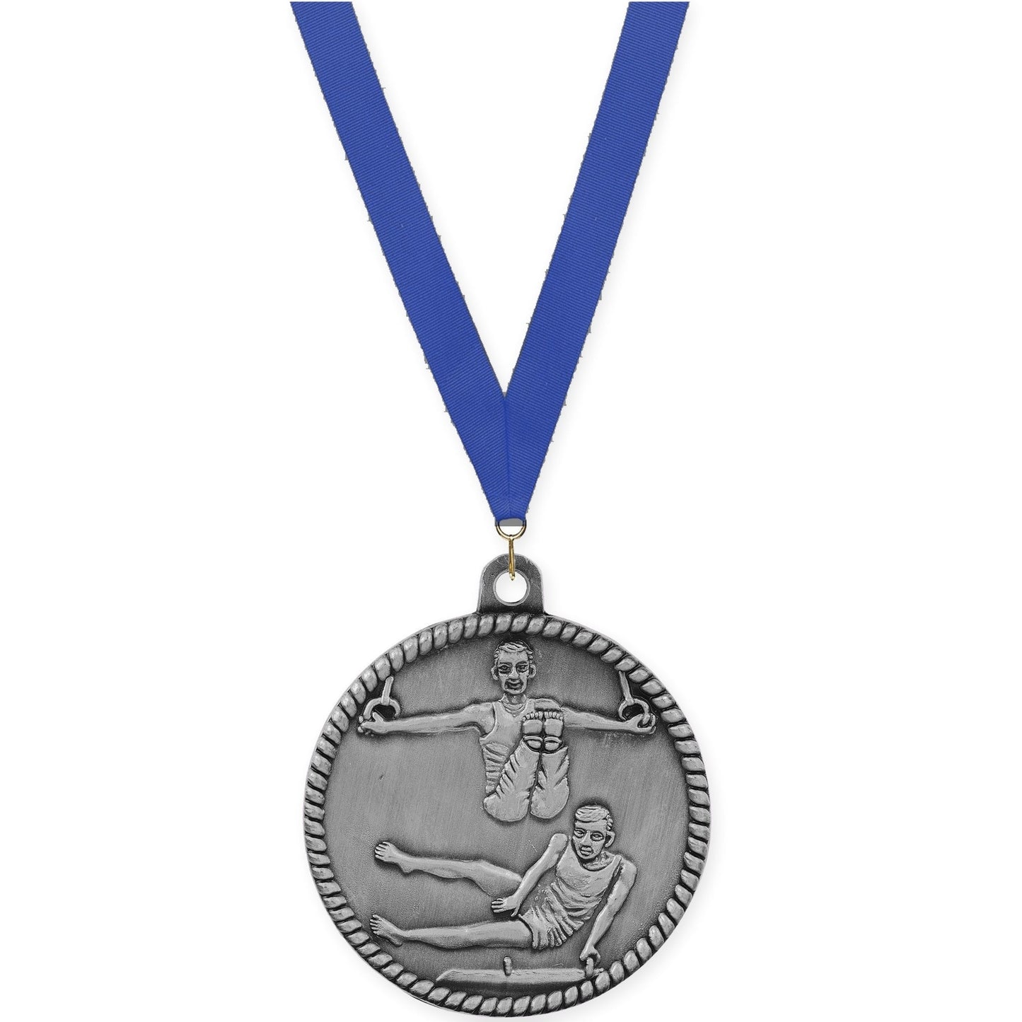2 inch gymnastics High Relief medal in antique silver with Blue neck ribbon
