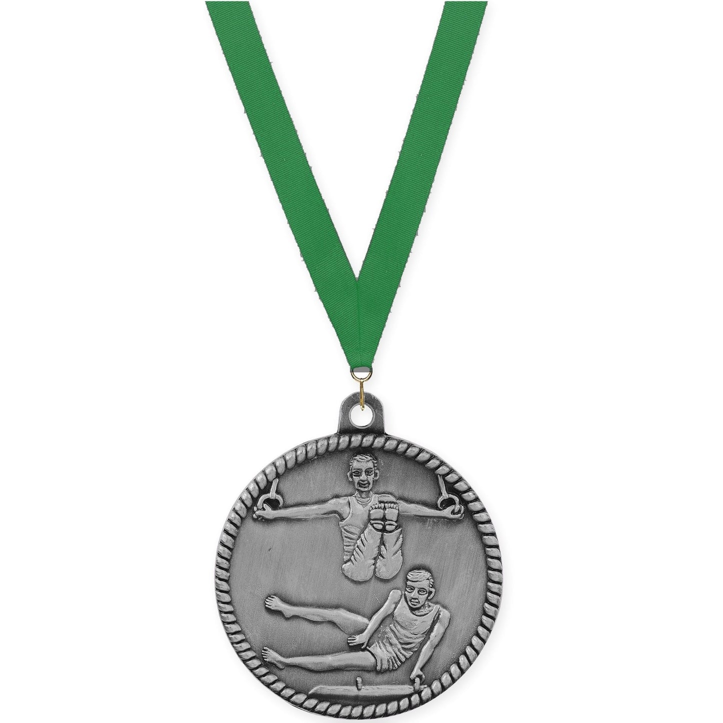 2 inch gymnastics High Relief medal in antique silver with Green neck ribbon