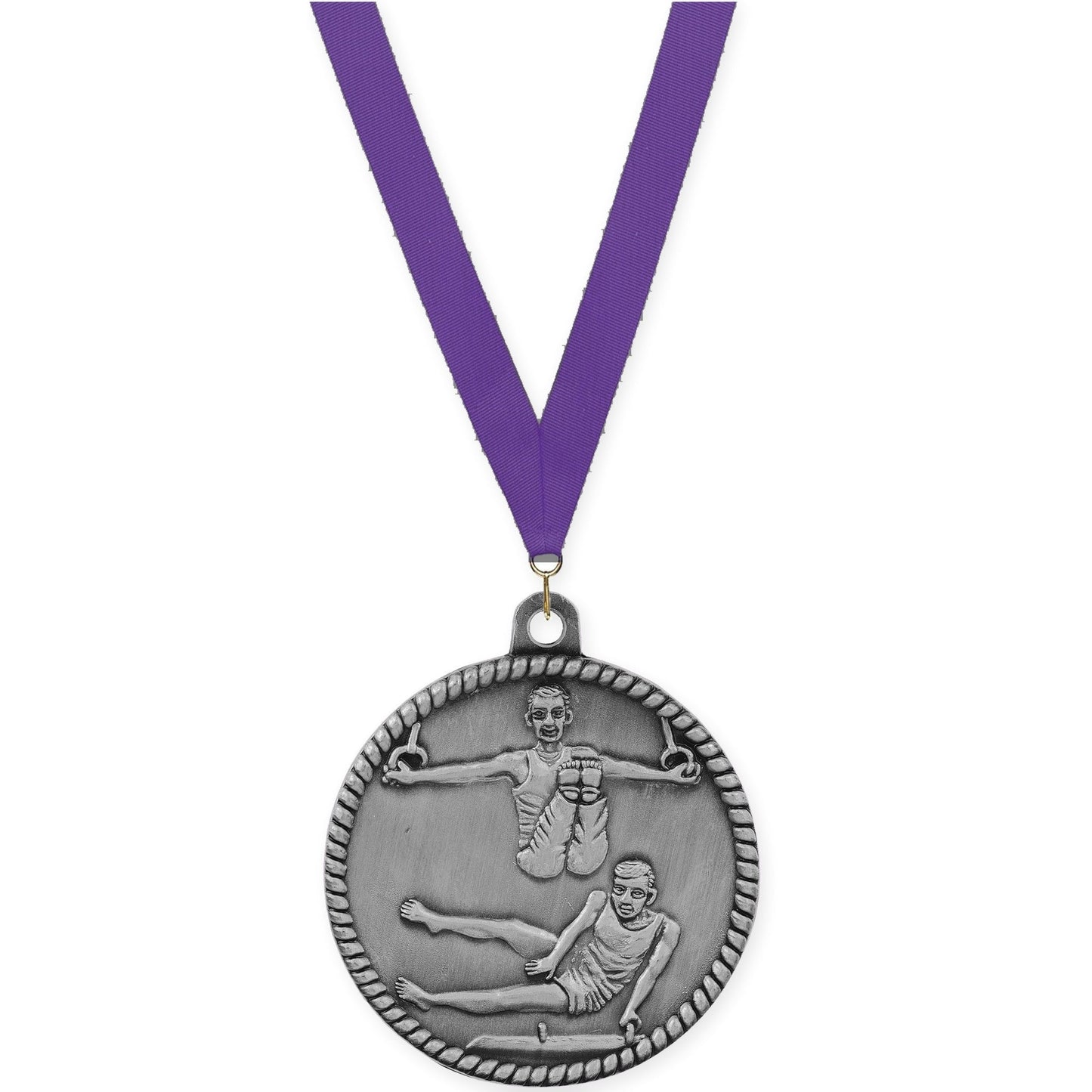 2 inch gymnastics High Relief medal in antique silver with Purple neck ribbon