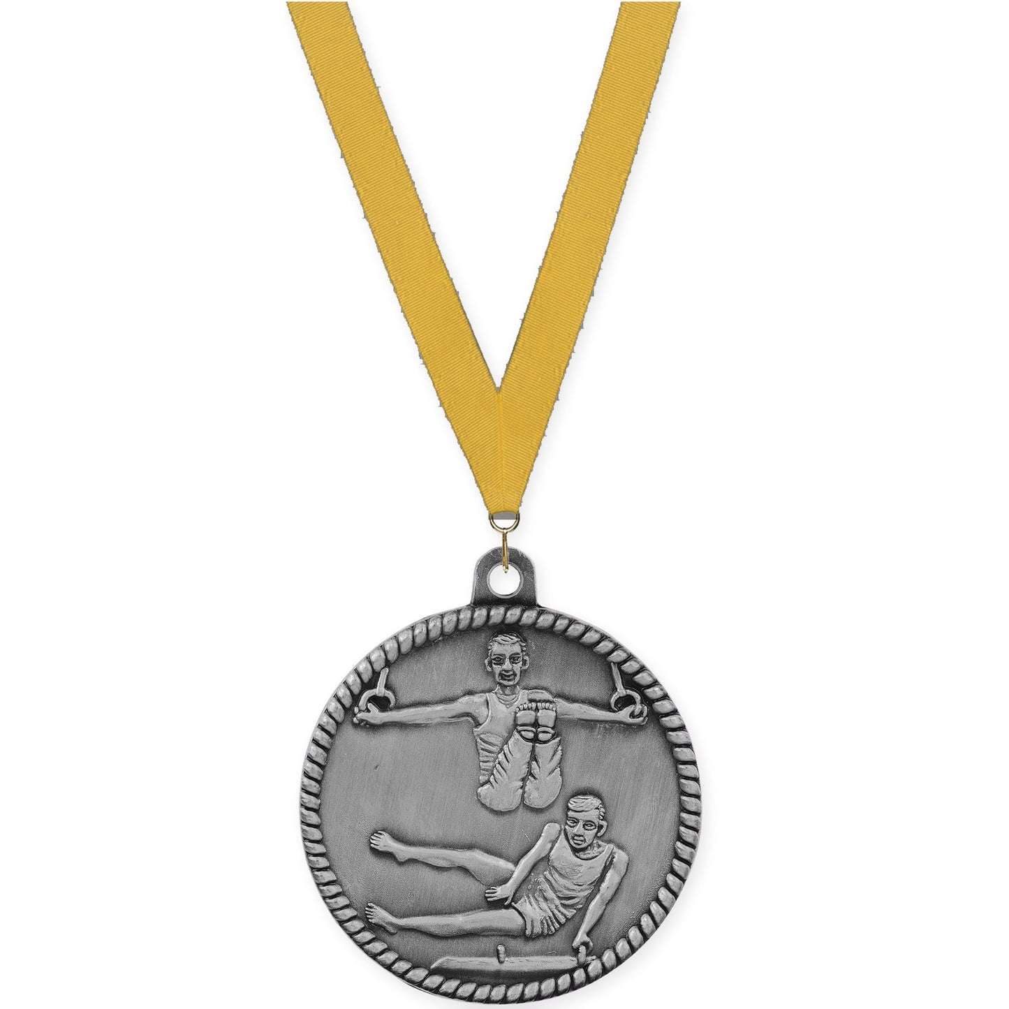 2 inch gymnastics High Relief medal in antique silver with Gold neck ribbon