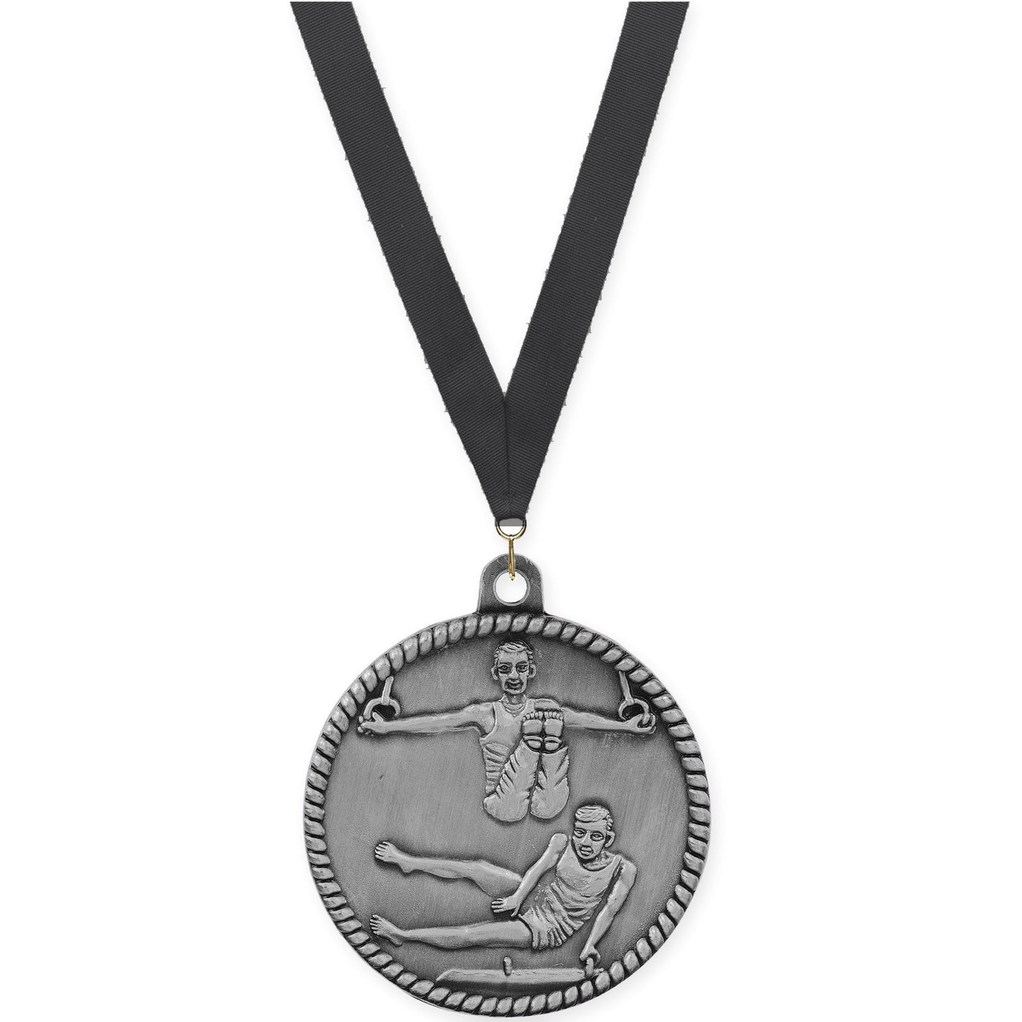 2 inch gymnastics High Relief medal in antique silver with Black neck ribbon