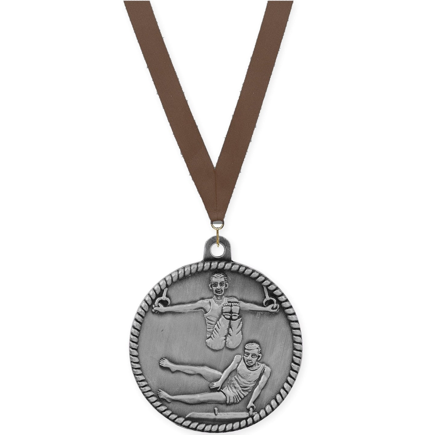 2 inch gymnastics High Relief medal in antique silver with Brown neck ribbon