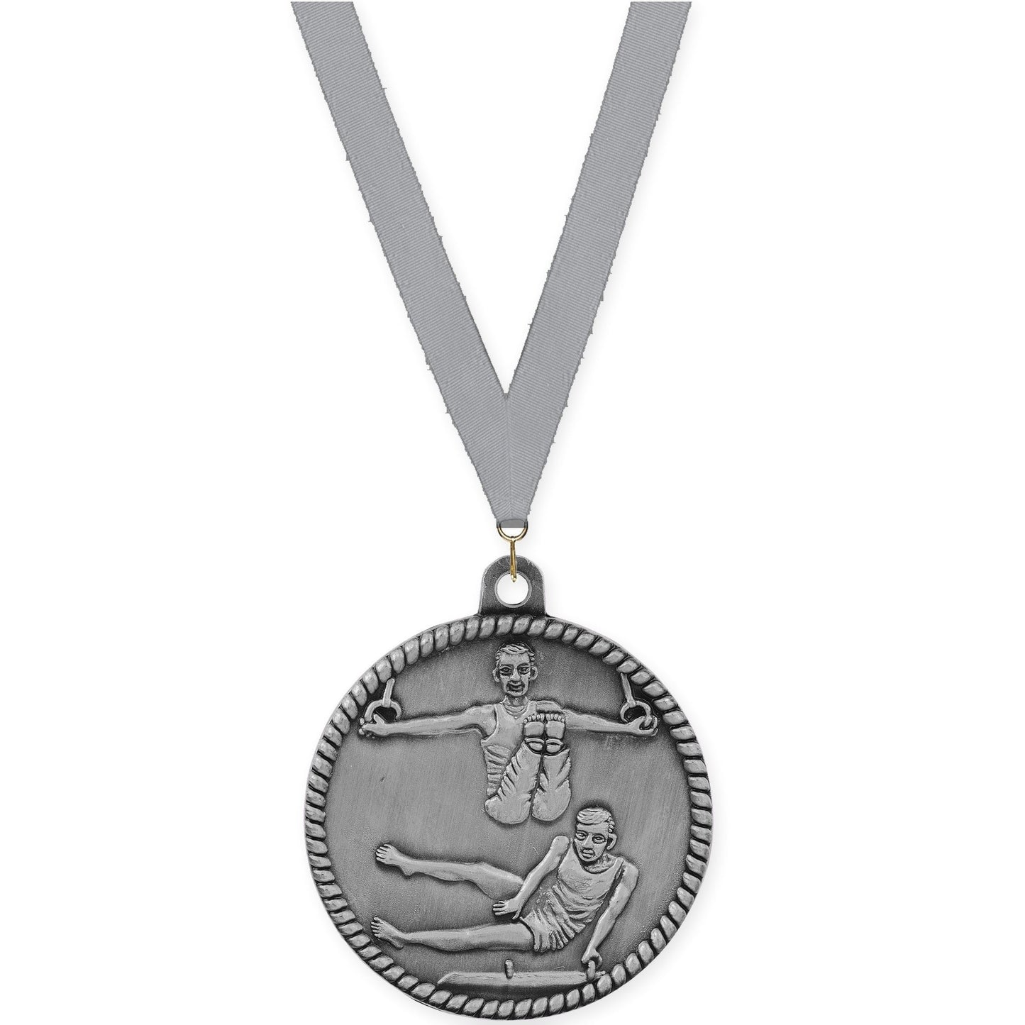 2 inch gymnastics High Relief medal in antique silver with Gray neck ribbon