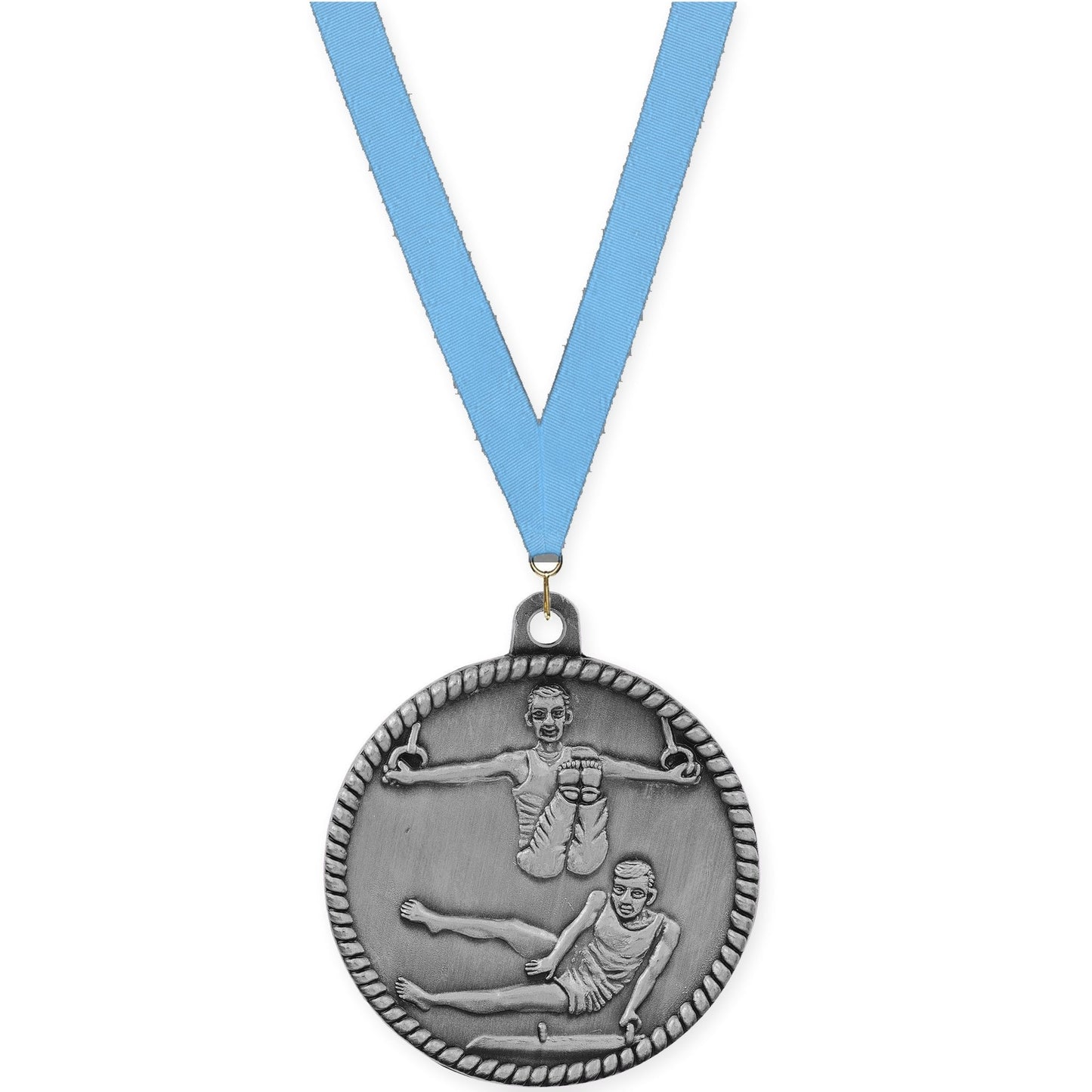 2 inch gymnastics High Relief medal in antique silver with Light Blue neck ribbon