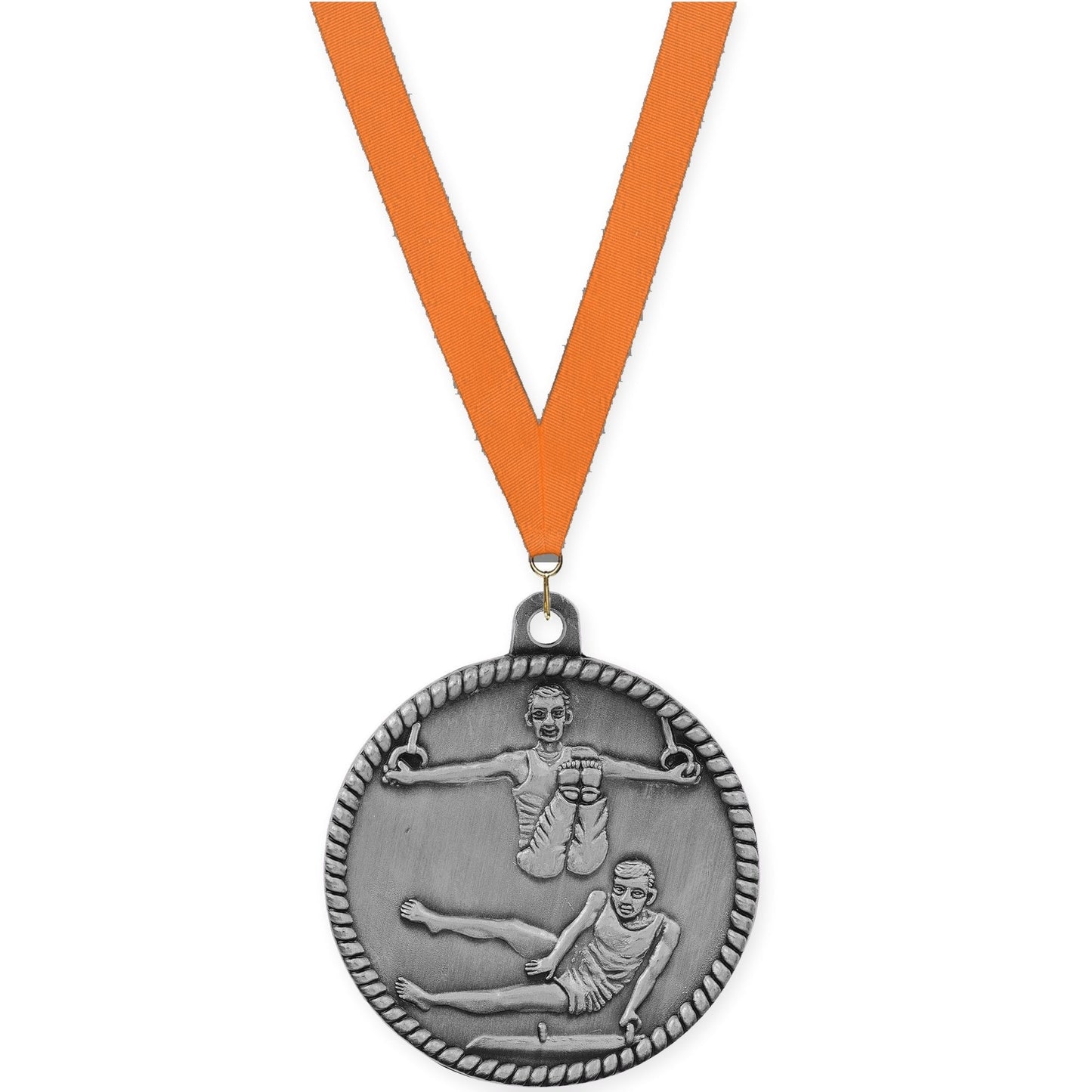 2 inch gymnastics High Relief medal in antique silver with Orange neck ribbon