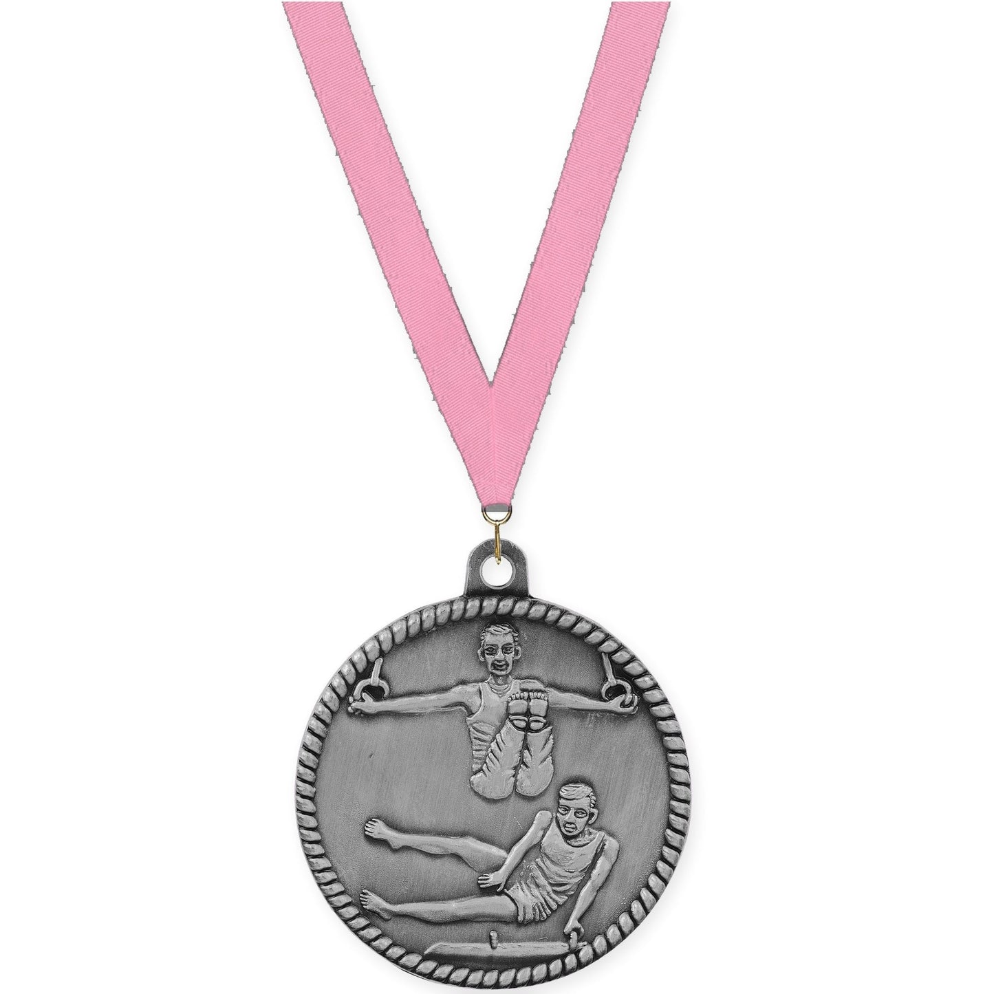 2 inch gymnastics High Relief medal in antique silver with Pink neck ribbon
