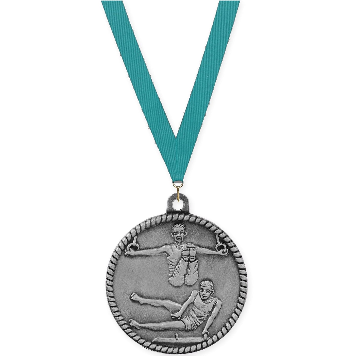 2 inch gymnastics High Relief medal in antique silver with Teal neck ribbon