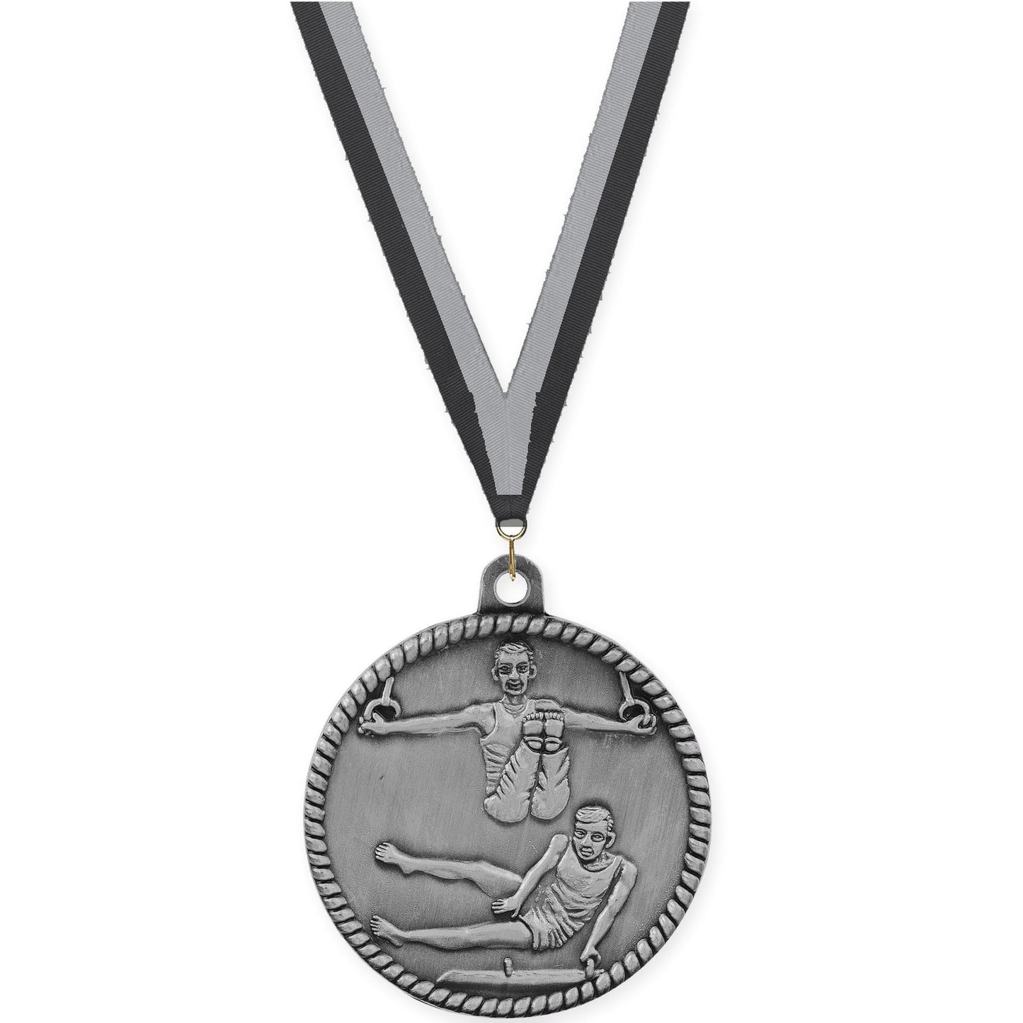 2 inch gymnastics High Relief medal in antique silver with Black Gray neck ribbon