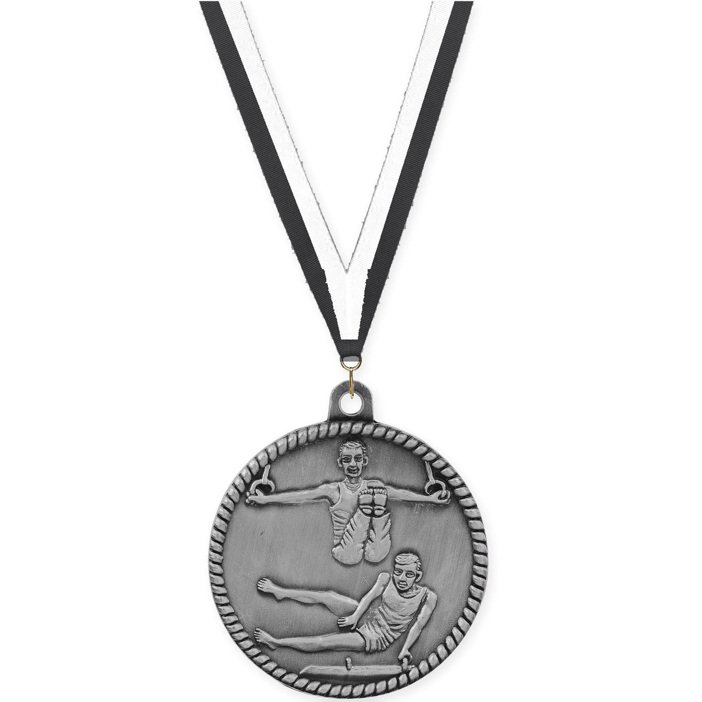 2 inch gymnastics High Relief medal in antique silver with Black White neck ribbon