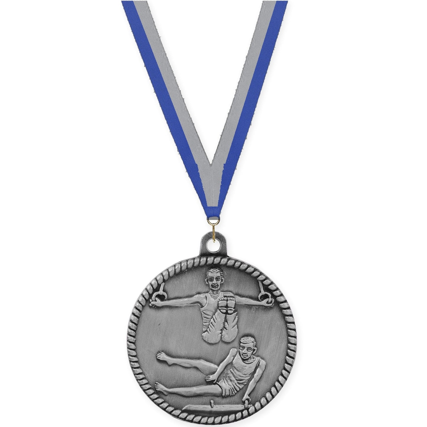 2 inch gymnastics High Relief medal in antique silver with Blue Gray neck ribbon