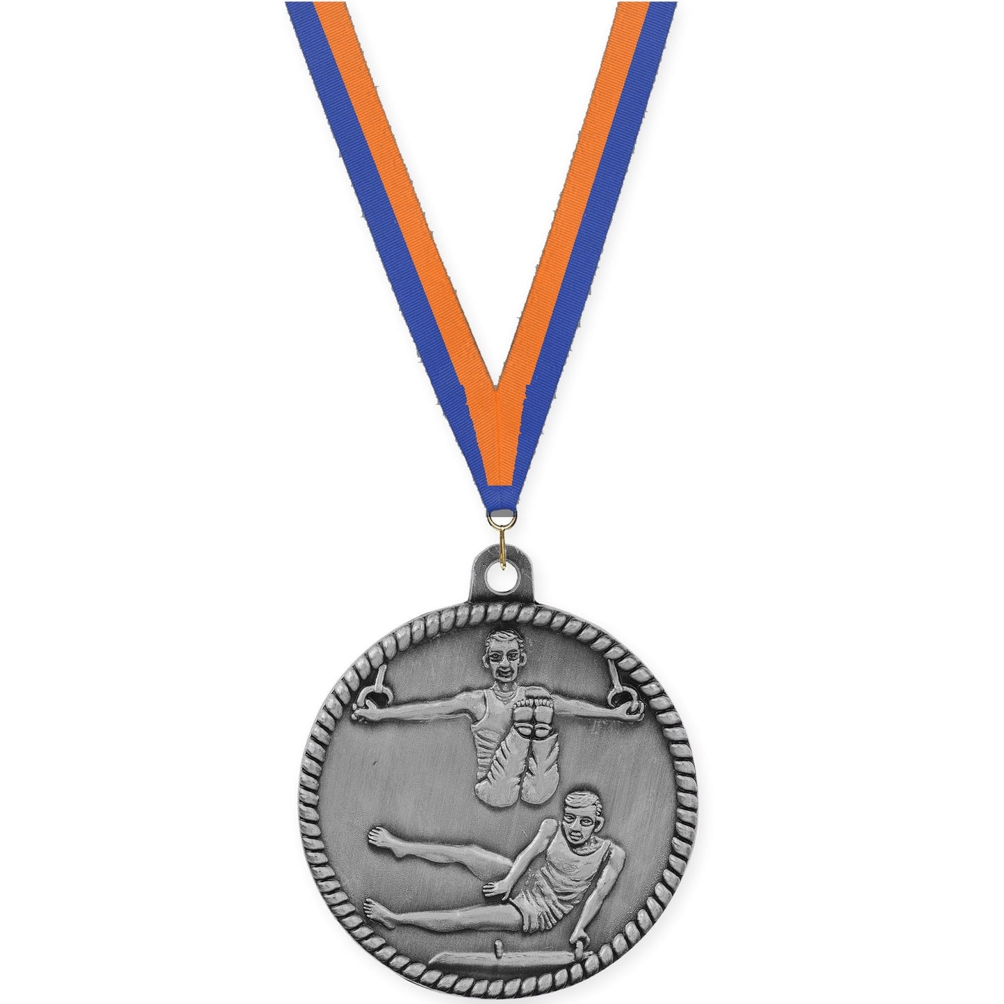 2 inch gymnastics High Relief medal in antique silver with Blue Orange neck ribbon