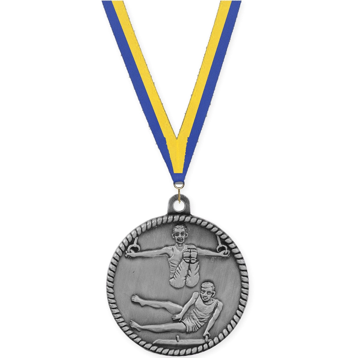 2 inch gymnastics High Relief medal in antique silver with Blue Yellow neck ribbon