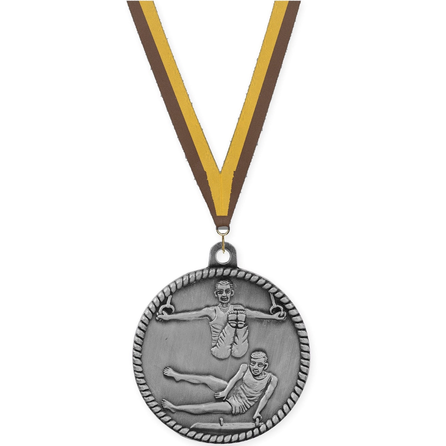 2 inch gymnastics High Relief medal in antique silver with Brown Gold neck ribbon