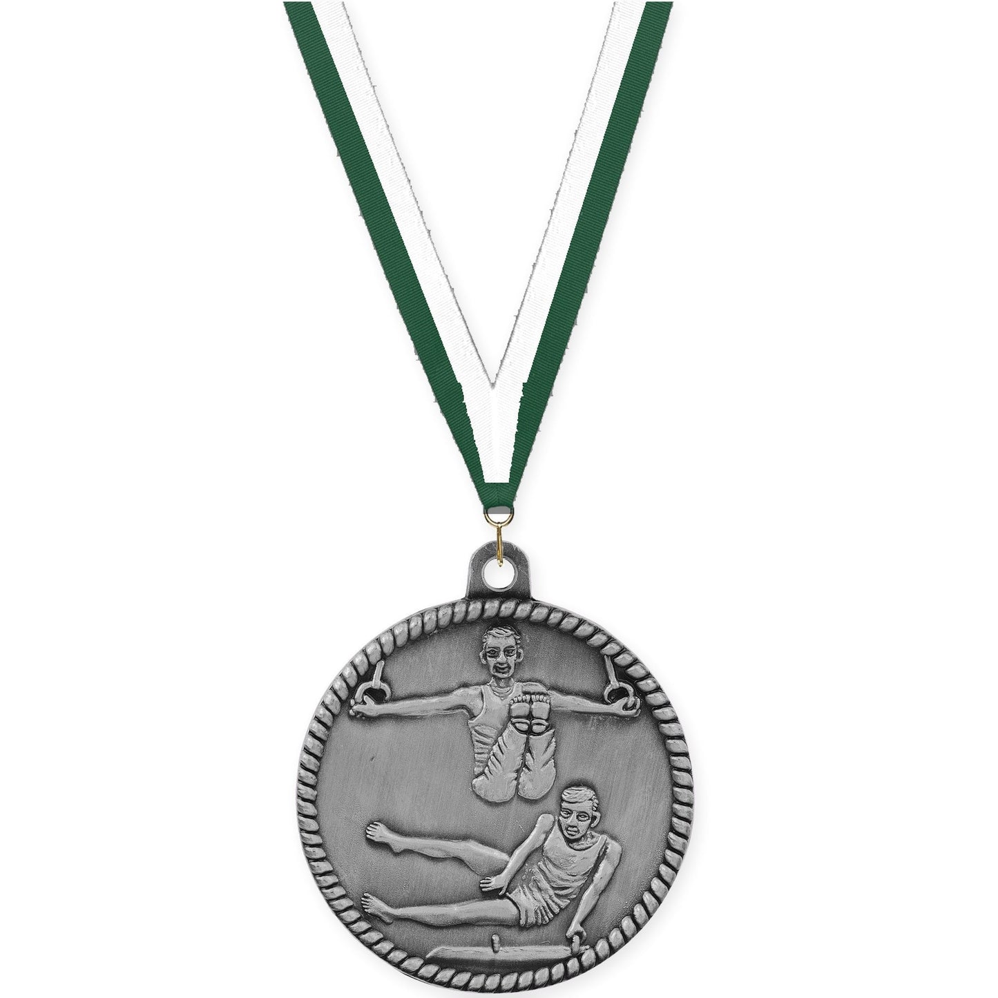 2 inch gymnastics High Relief medal in antique silver with Hunter Green White neck ribbon