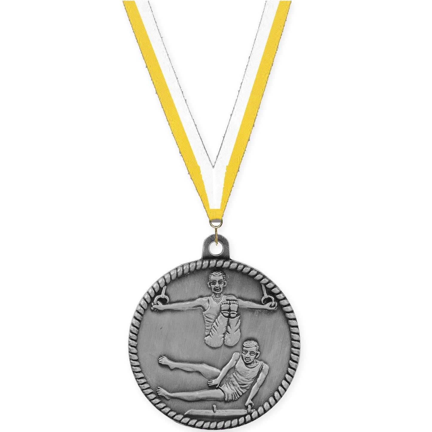 2 inch gymnastics High Relief medal in antique silver with Yellow White neck ribbon