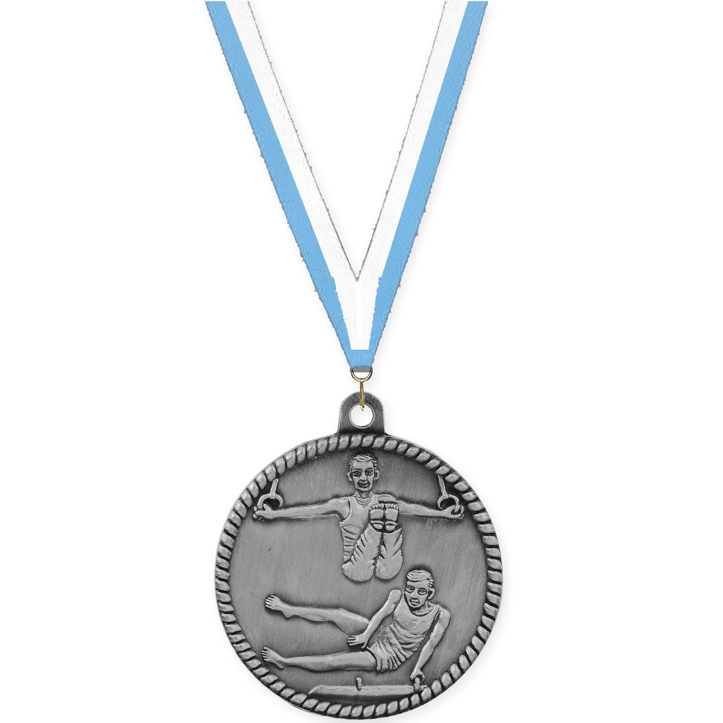 2 inch gymnastics High Relief medal in antique silver with Light Blue White neck ribbon