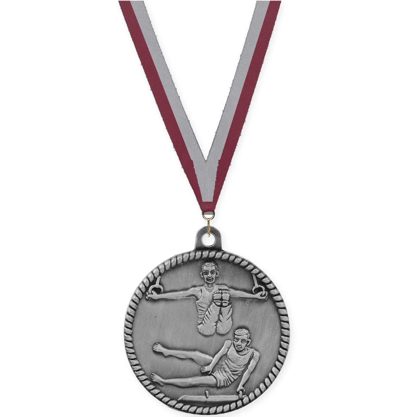 2 inch gymnastics High Relief medal in antique silver with Maroon Gray neck ribbon