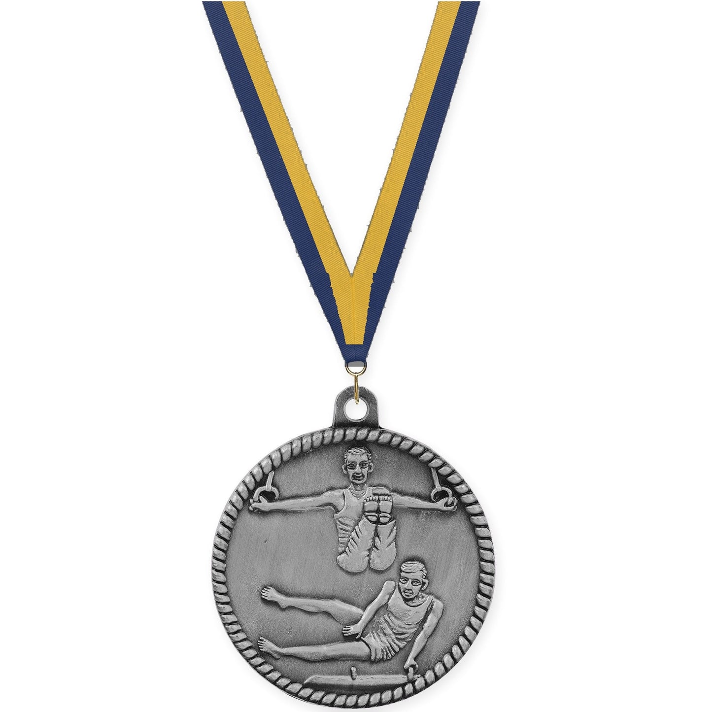 2 inch gymnastics High Relief medal in antique silver with Navy Gold neck ribbon