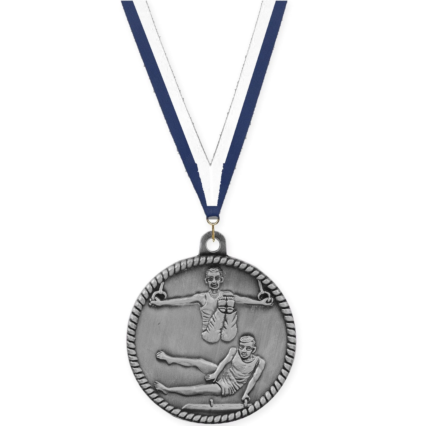 2 inch gymnastics High Relief medal in antique silver with Navy White neck ribbon