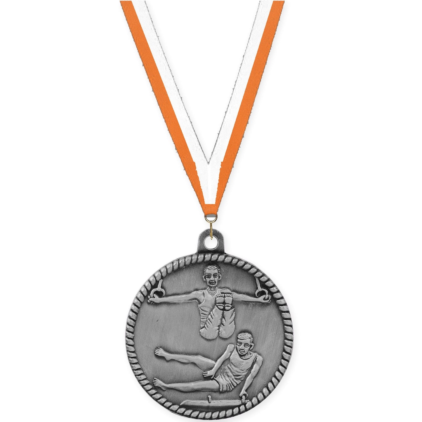 2 inch gymnastics High Relief medal in antique silver with Orange White neck ribbon