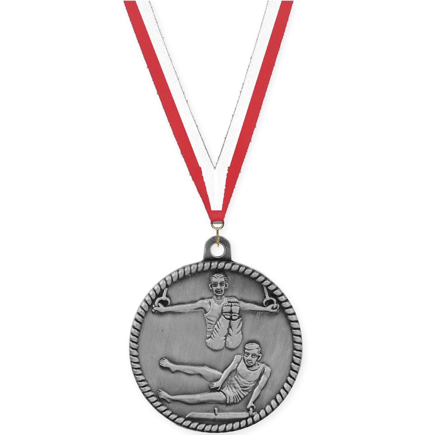 2 inch gymnastics High Relief medal in antique silver with Red White neck ribbon
